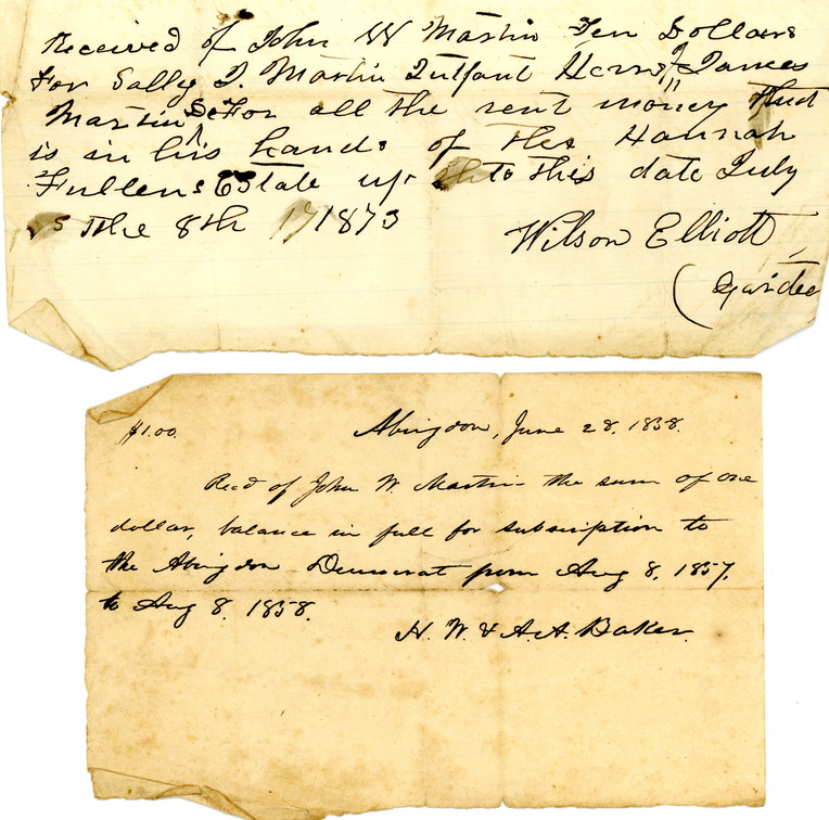JW Martin Receipts 1858-73