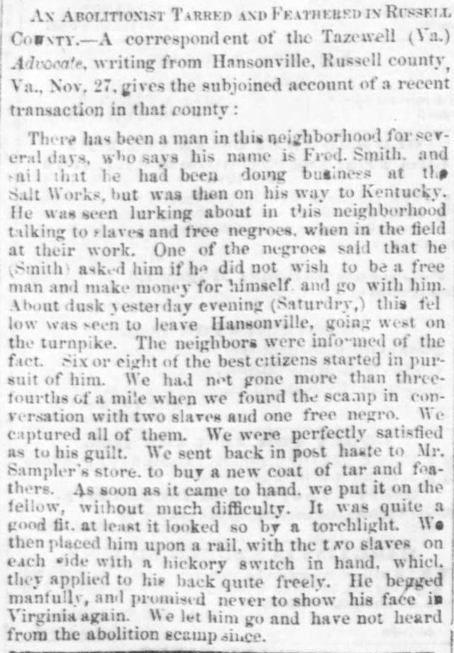 Newspaper Articles - Russell County, Virginia History - Slaves and